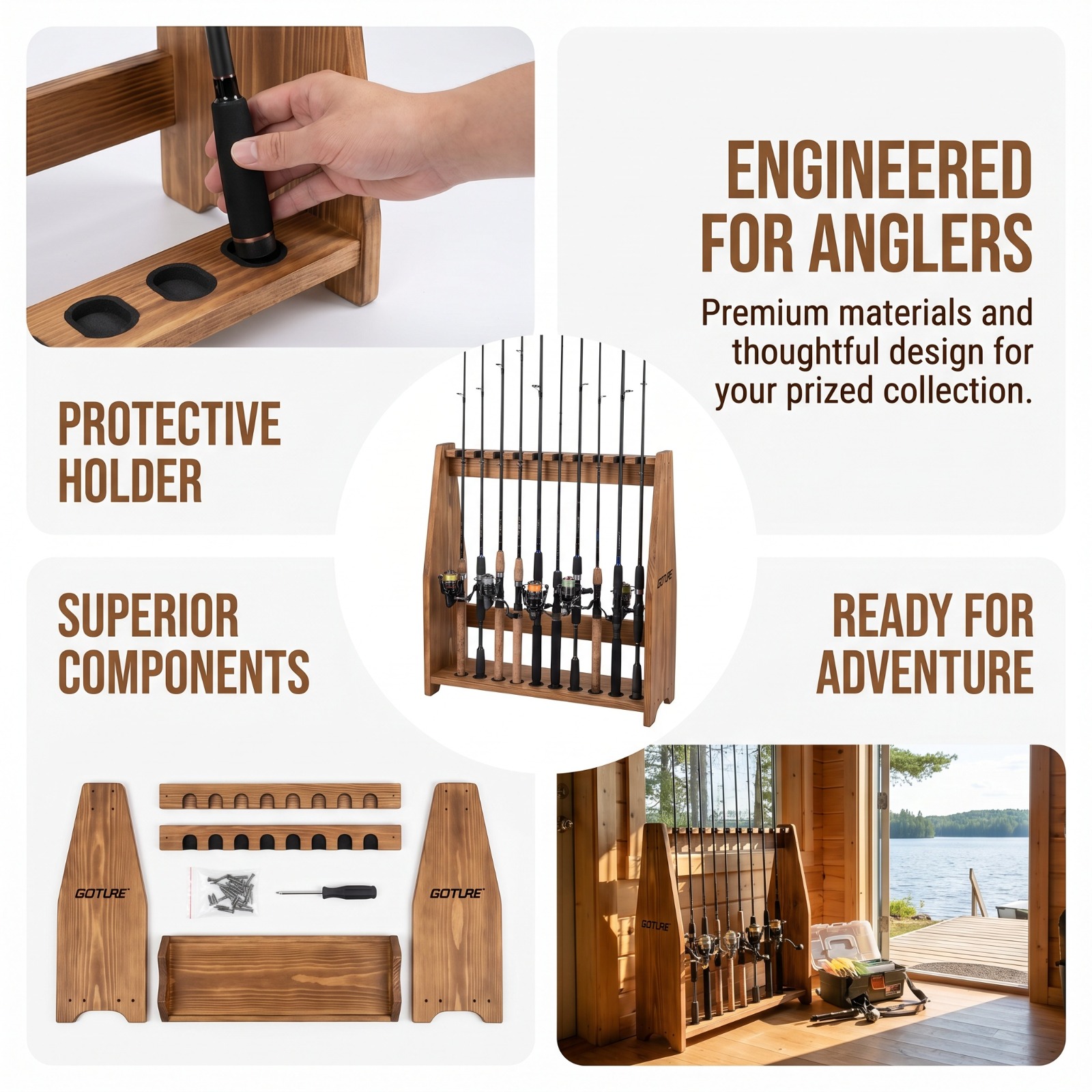 Fishing Equipment Organizer - Goture 10 Slots Carbonized Pine Fishing
